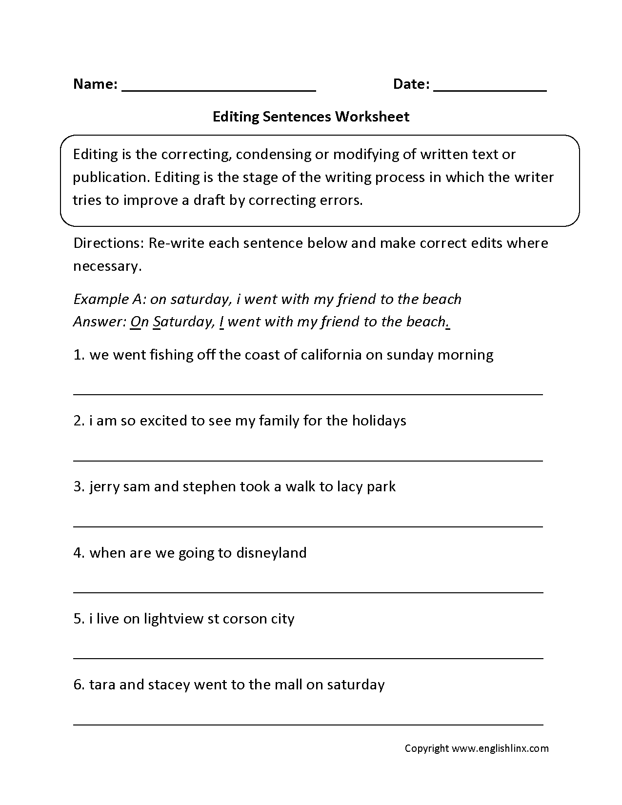 Writing Worksheets | Editing Worksheets - Free Printable Sentence | Free Printable Sentence Correction Worksheets