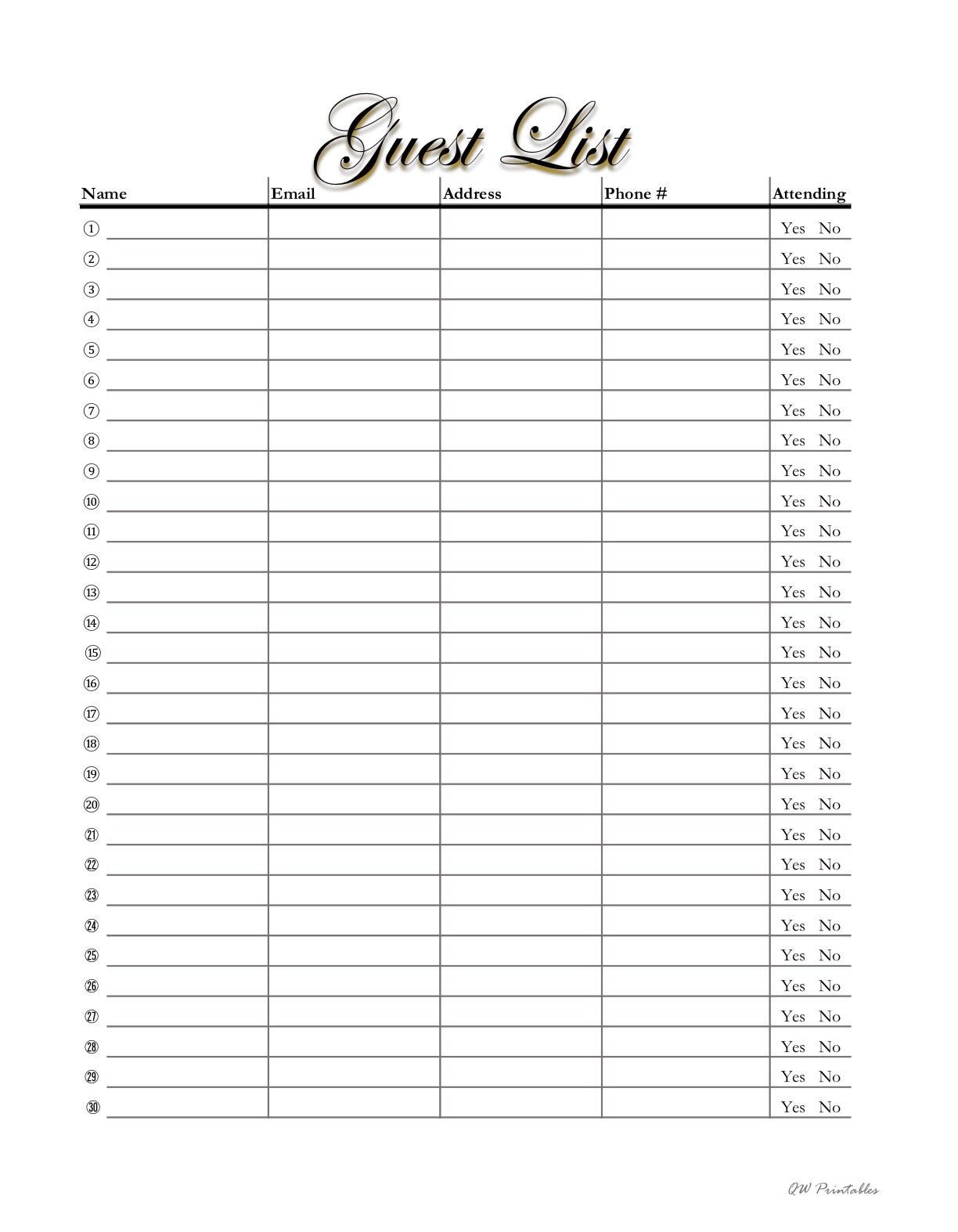 Event Guest List - Printable | Wedding Guest List Template | Wedding Guest List Worksheet Printable