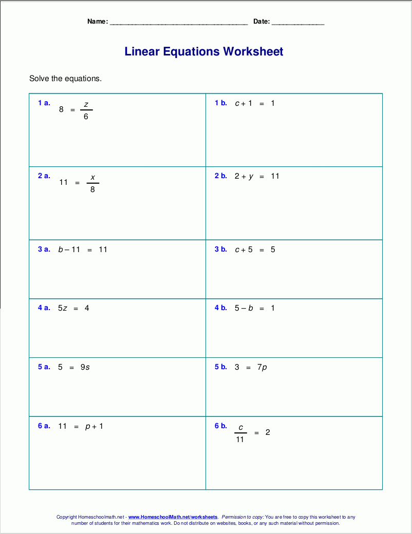 Free Worksheets For Linear Equations (Grades 6-9, Pre | Solving Equations Printable Worksheets