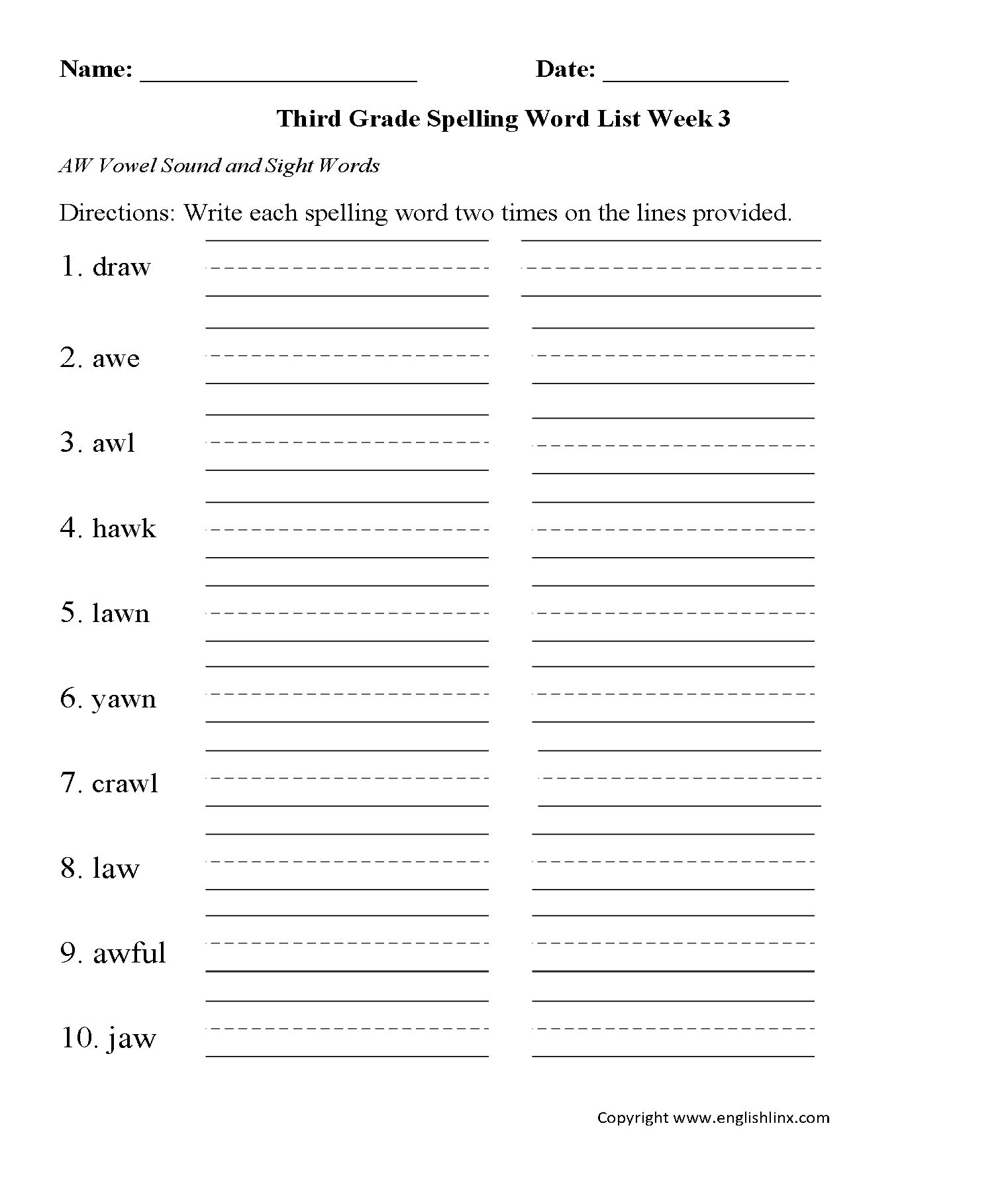 Spelling Worksheets | Third Grade Spelling Worksheets | Free Printable Grade 3 Spelling Worksheets