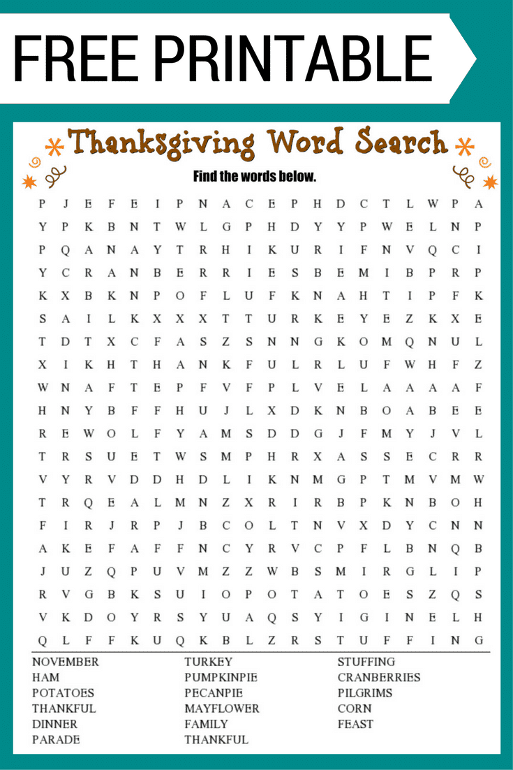 Thanksgiving Word Search Free Printable Worksheet | Free Printable Word Search Worksheets For Adults