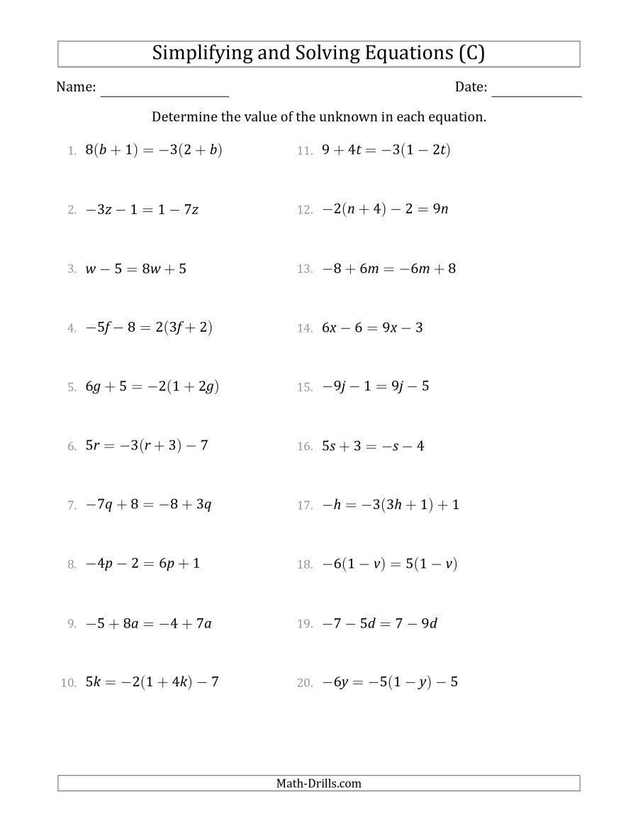 The Combining Like Terms And Solving Simple Linear Equations | Solving Equations Printable Worksheets