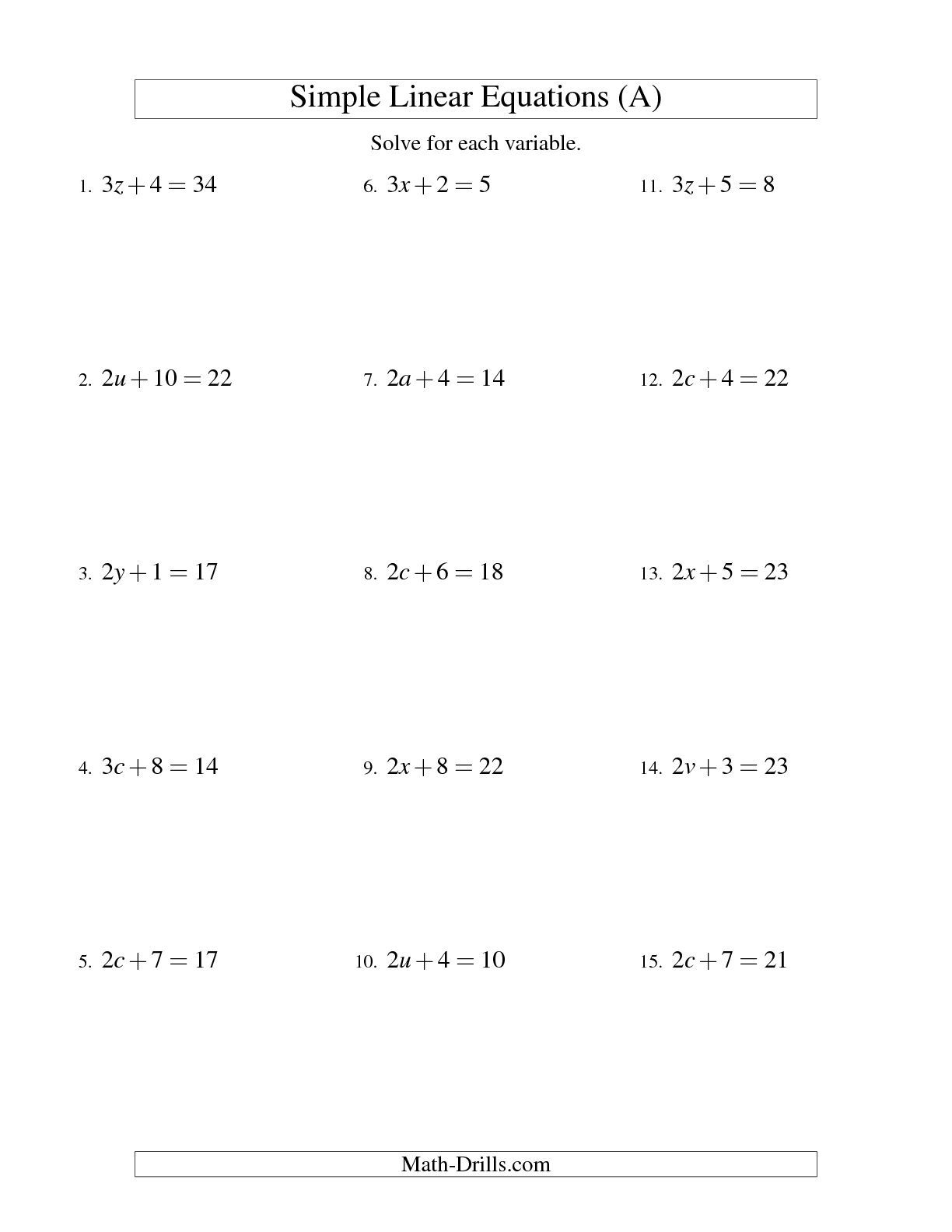 The Solving Linear Equations -- Form Ax + B = C (A) Math | Solving Equations Printable Worksheets